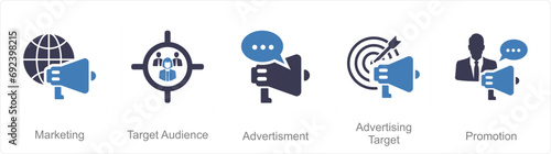 A set of 5 Branding icons as marketing, target audience, advertisement