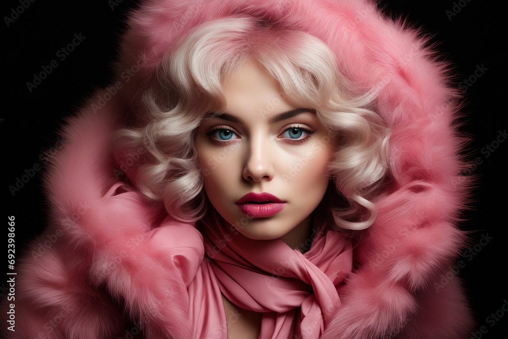 Woman with pink fur collar and blue eyes wearing pink scarf.