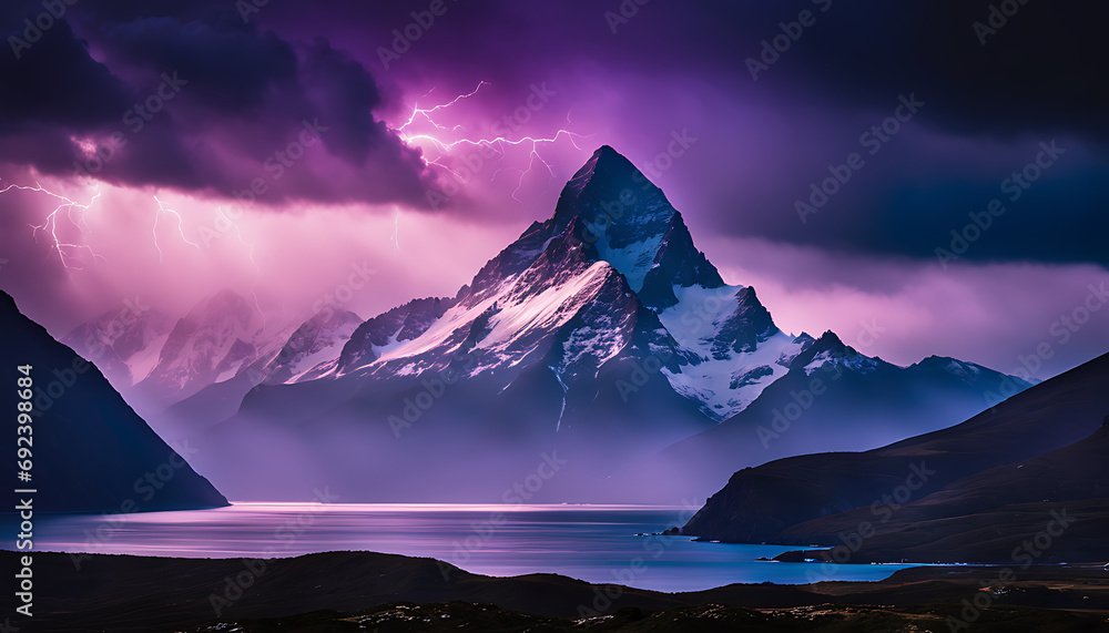 A towering mountain peak emanates a vivid purple and blue aura over a vast dark ocean under stormy skies, its grandeur strikingly illuminated by the electrifying natural display.