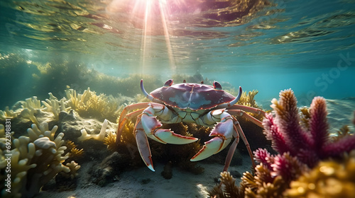 Underwater closeup picture of the mangrove ( rainbow ) crab and sunlight in the ocean coral reef. Generative AI photo