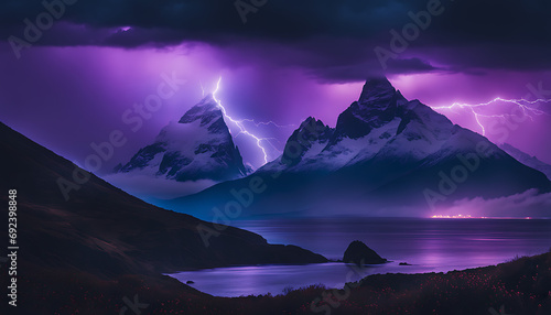 A towering mountain peak emanates a vivid purple and blue aura over a vast dark ocean under stormy skies  its grandeur strikingly illuminated by the electrifying natural display.