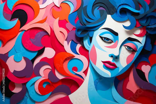 Woman with blue hair and colorful background with circles and shapes.