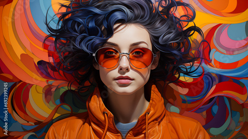 Image of woman with blue hair and red glasses on.