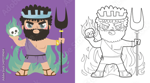 Colouring cute Greek gods cartoon character. Coloring Hades god of hell and underworld. Simple coloring page for kids. Fun activity for kids. Educational printable coloring worksheet. Vector.