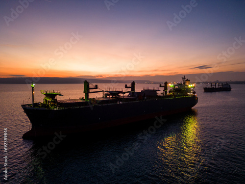 A massive cargo ship wood chips carrier in the sea, aerial view © sandsun