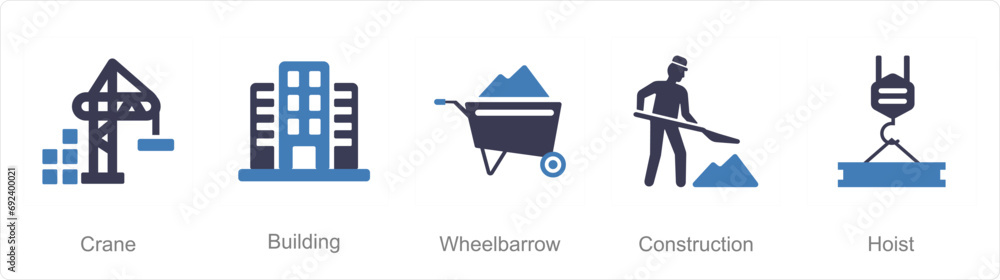 A set of 5 Build icons as crane, building, wheelbarrow