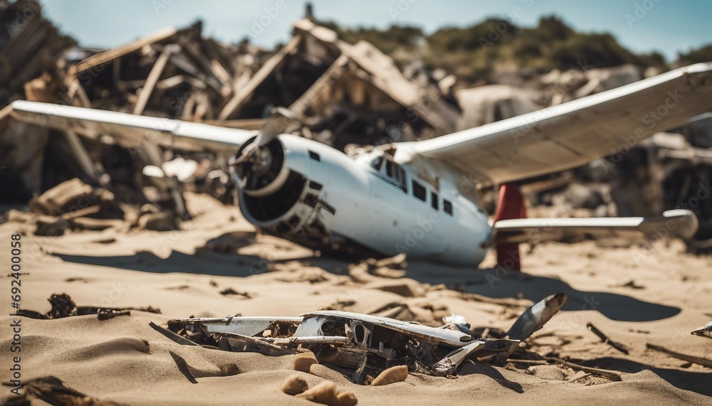 Abandoned airplane wreck on the beach with sand and broken plane Abandoned airplane wreck on the beach with sand and broken plane