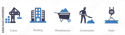 A set of 5 Build icons as crane, building, wheelbarrow