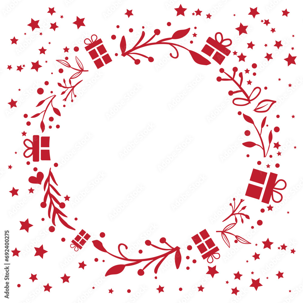 Obraz premium Geschenkgutschein mit weihnachtlich geschmücktem Kranz und Geschenken - Vektor Illustration mit roten Grafiken auf weißem Hintergrund