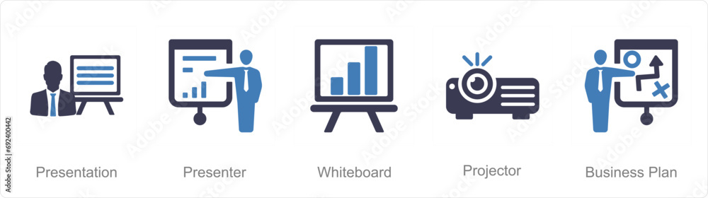 A set of 5 Business Presentation icons as presentation, presenter, white board - obrazy, fototapety, plakaty 