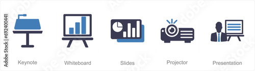 A set of 5 Business Presentation icons as keynote, white board, slides