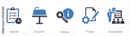 A set of 5 Business Presentation icons as agenda, keynote, dislike