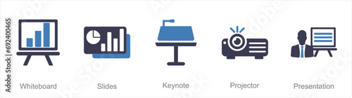 A set of 5 Business Presentation icons as white board, slides, keynote