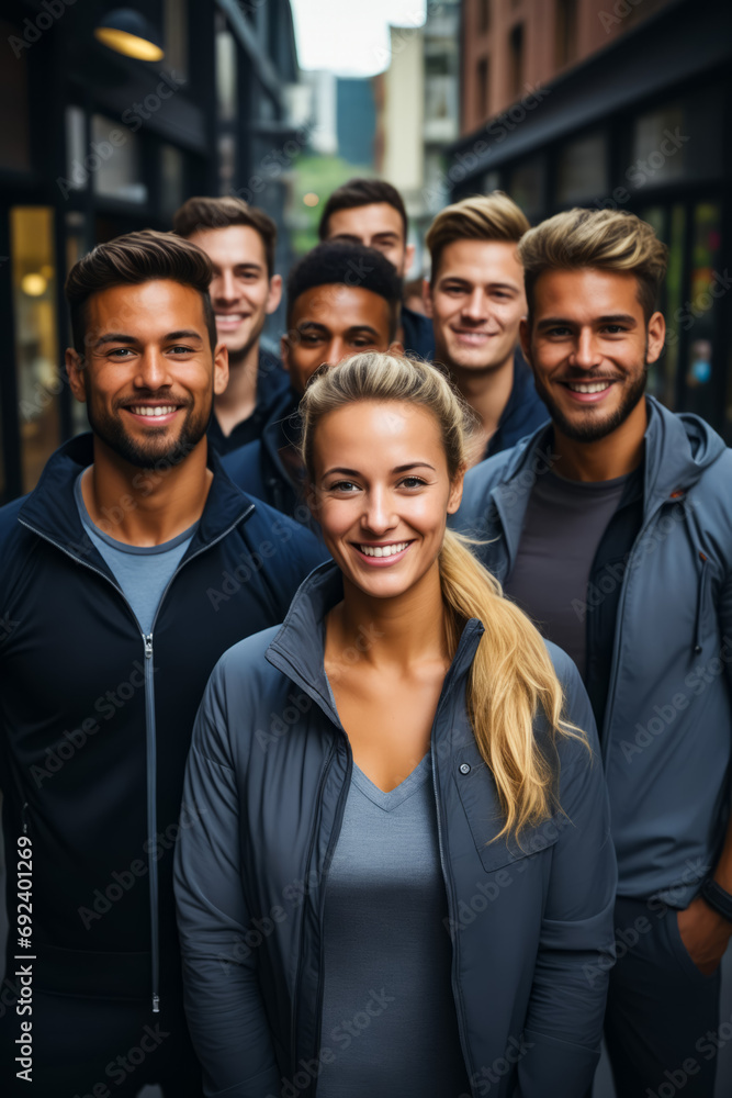 Group of people standing together in group smiling.