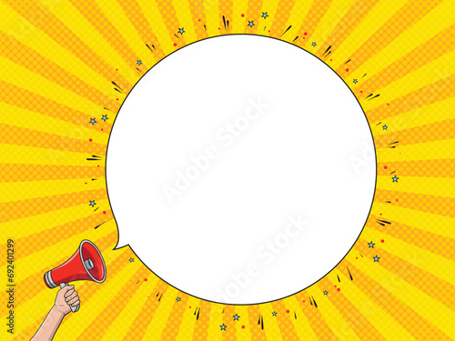 Red megaphone and a big round speech bubble. Pop art Vector illustration