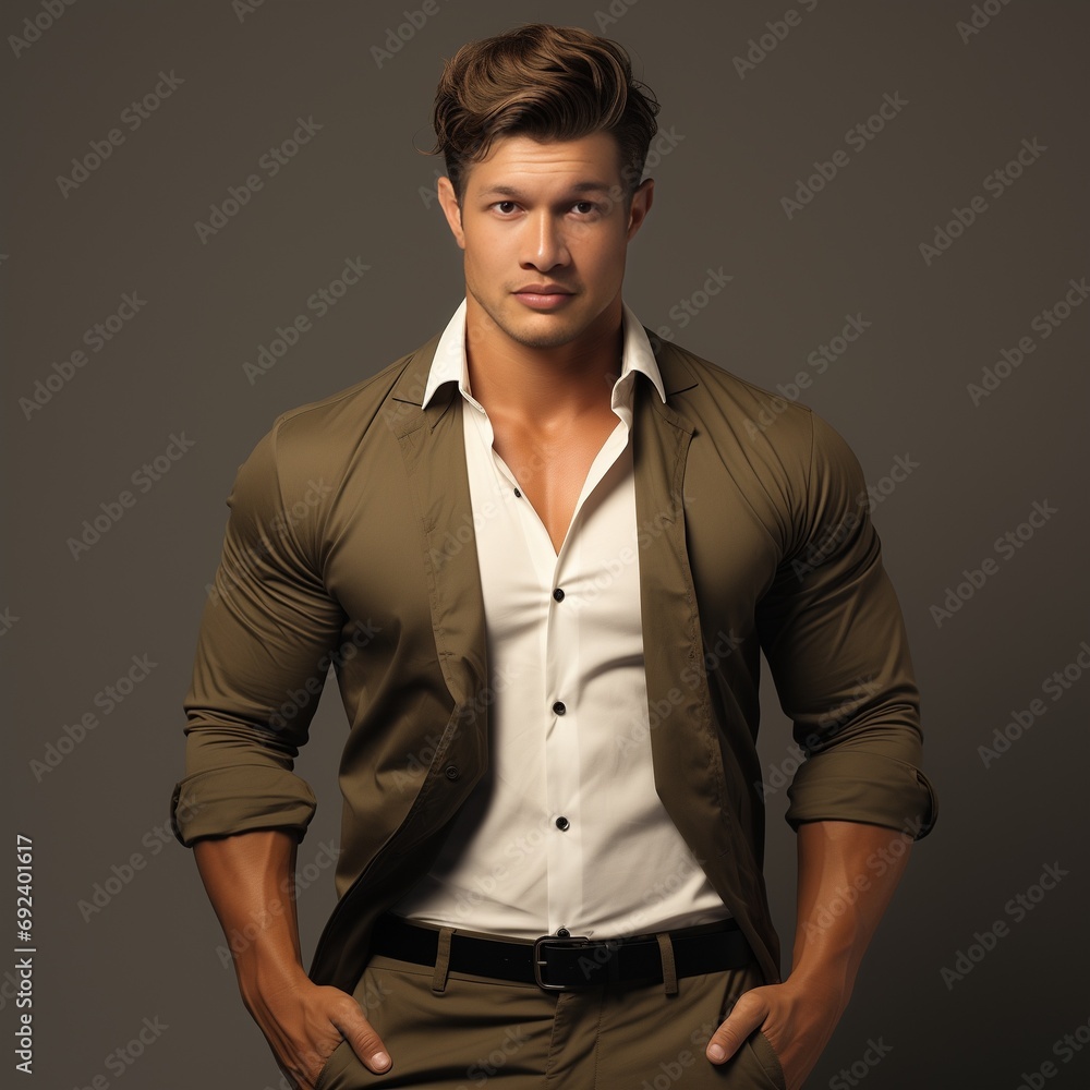 Fototapeta premium Men model photoshoot. He stands tall with a confident and commanding presence. His well-defined features exude strength and charm. Chiseled cheekbones complement a square jawline Ai generated image