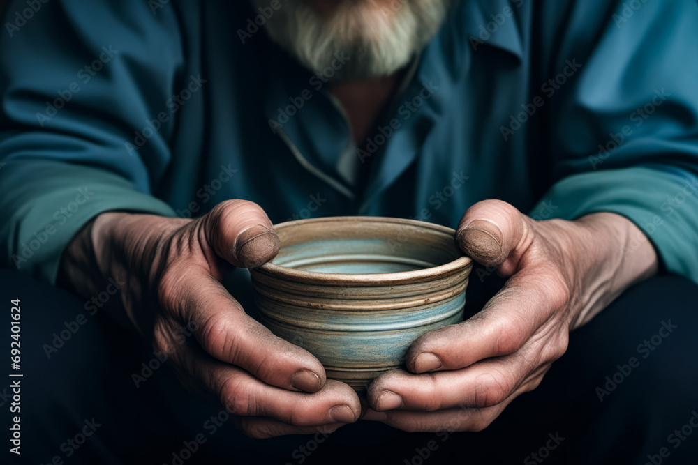 Man holding bowl in his hands with black background.
