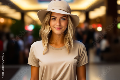 Woman wearing hat and tan shirt in mall.