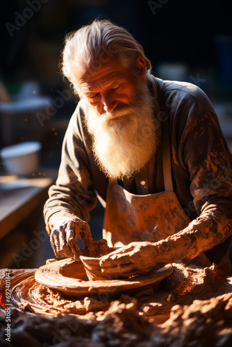 Man is making vase out of clay with wheel.
