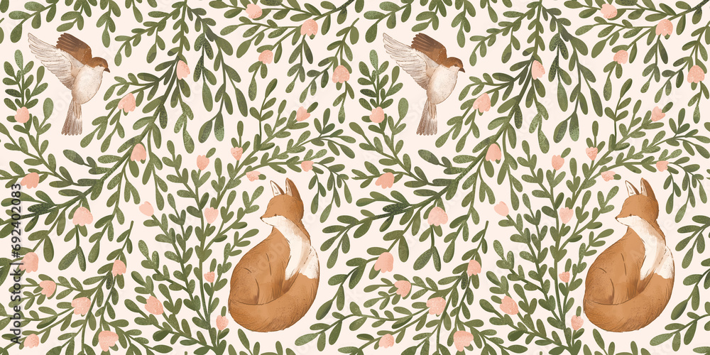 Woodland seamless pattern with floral and animals. Forest pattern with fox and sparrow.  - obrazy, fototapety, plakaty 
