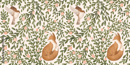 Woodland seamless pattern with floral and animals. Forest pattern with fox and sparrow.  photo