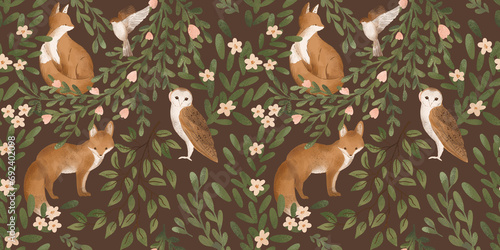Woodland seamless pattern with floral and animals. Forest pattern with fox, owl, bird. © jenteva