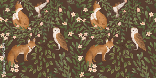 Fototapeta Naklejka Na Ścianę i Meble -  Woodland seamless pattern with floral and animals. Forest pattern with fox, owl, bird.  