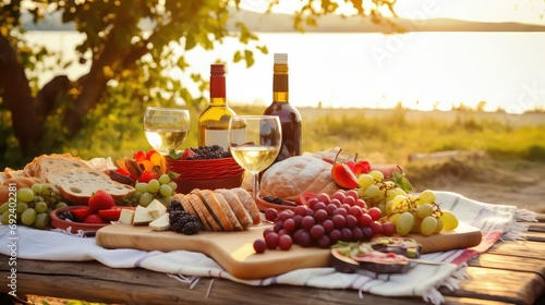 salad dinner picnic food illustration cheese fruit, bread wine, chicken potato salad dinner picnic food photo
