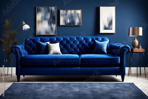 Luxurious Blue Living Room with Modern Art and Gold Accents photo