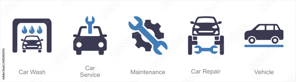 A set of 5 Car icons as car wash, car service, maintenance A set of 5 Car icons as car wash, car service, maintenance