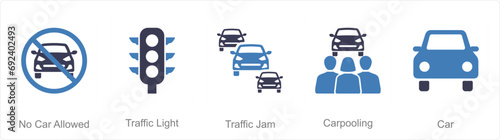 A set of 5 Car icons as no car allowed, traffic light, traffic jam