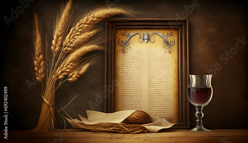 Poster with copy space for Shavuot with wheat, Torah and wine. Generative AI