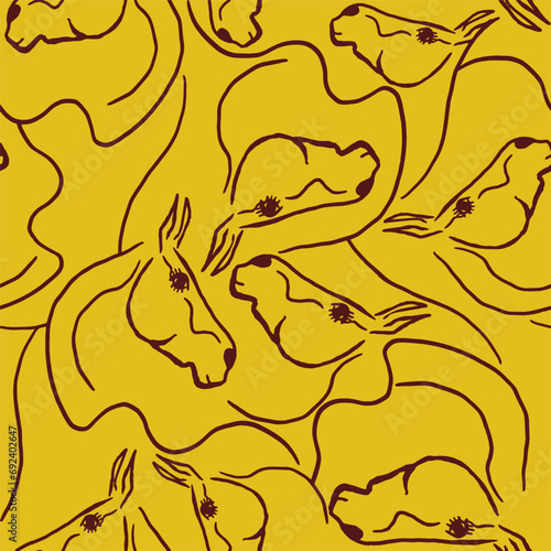 Abstract Hand Drawn One Line Drawing Horse Portraits Seamless Vector Pattern Isolated Background