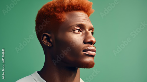 Portrait of an elegant sexy smiling African man with dark, perfect skin, red hair, on a light green background.