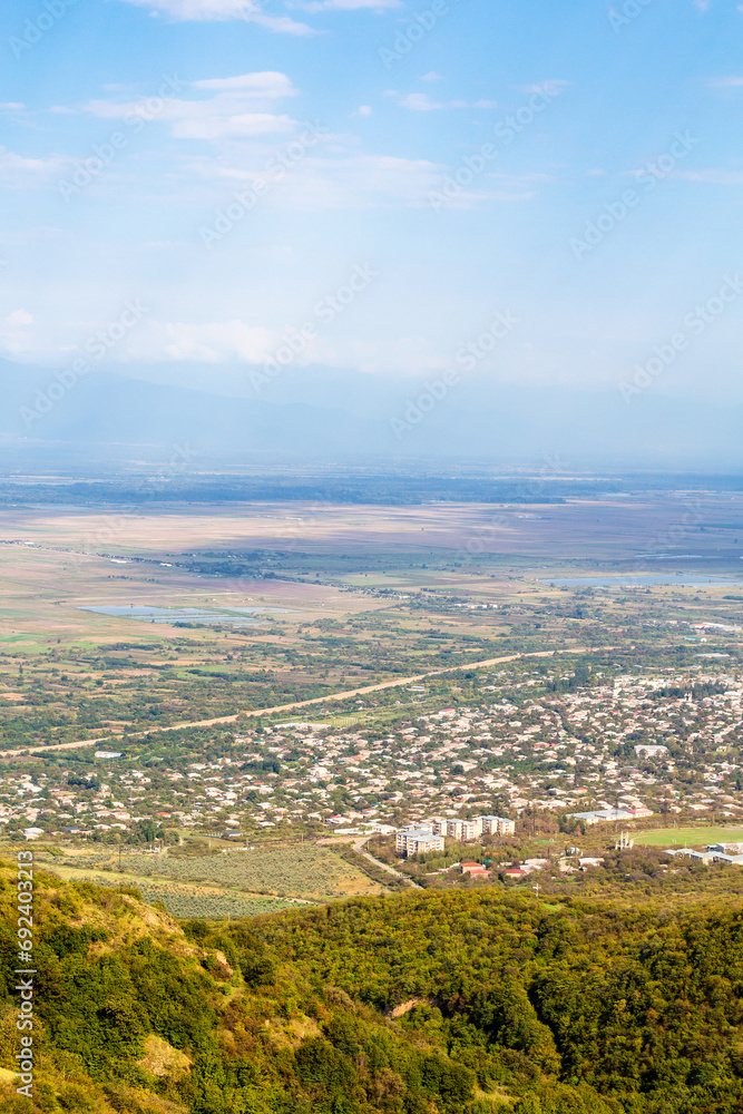 travel to Georgia - view of Alazan valley in Kakheti region from Signagi town in Georgia on sunny autumn day