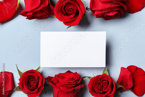 Fototapeta Naklejka Na Ścianę i Meble -  Blank card, beautiful red roses and petals on grey background, flat lay. Space for text