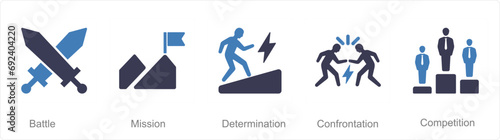 A set of 5 Challenge icons as battle, mission, determination