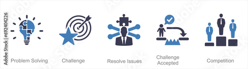 A set of 5 Challenge icons as problem solving, challenge, resolve issues