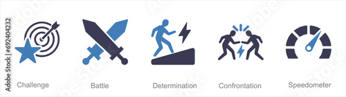 A set of 5 Challenge icons as challenge, battle, determination