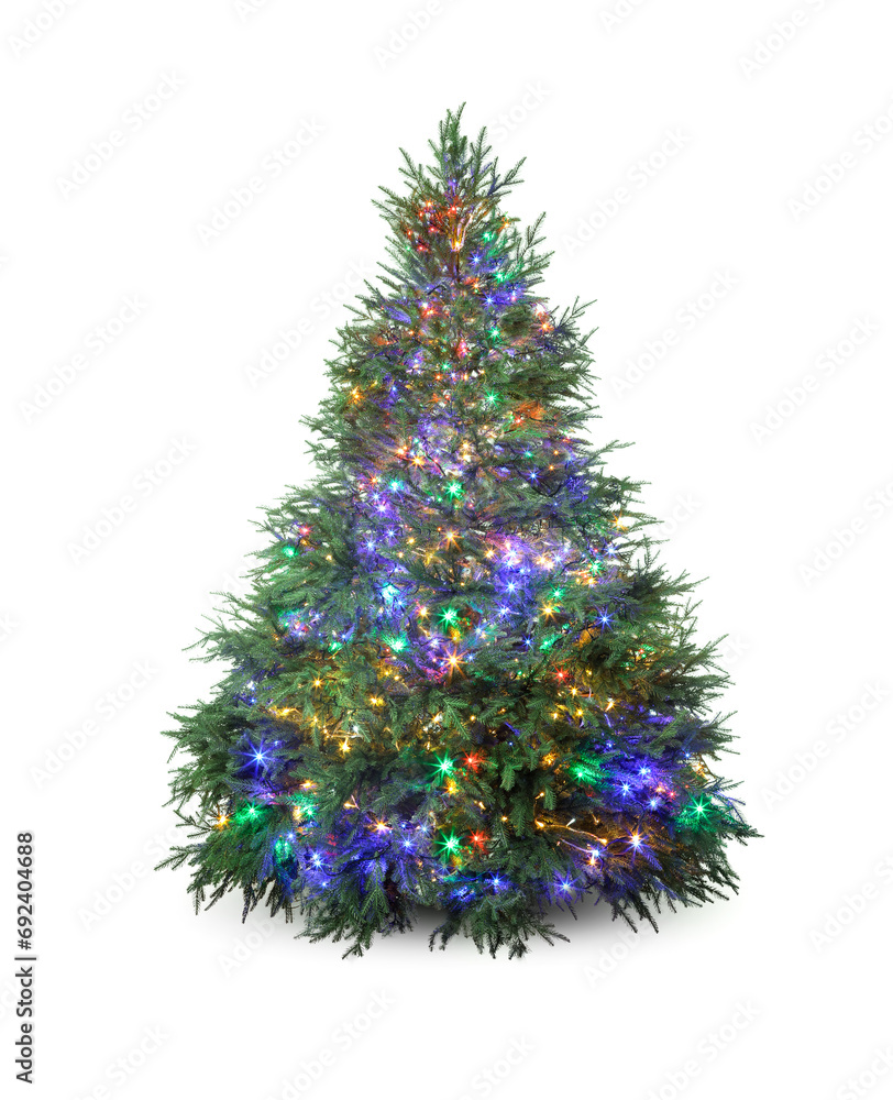 Beautiful Christmas tree with festive lights isolated on white Beautiful Christmas tree with festive lights isolated on white