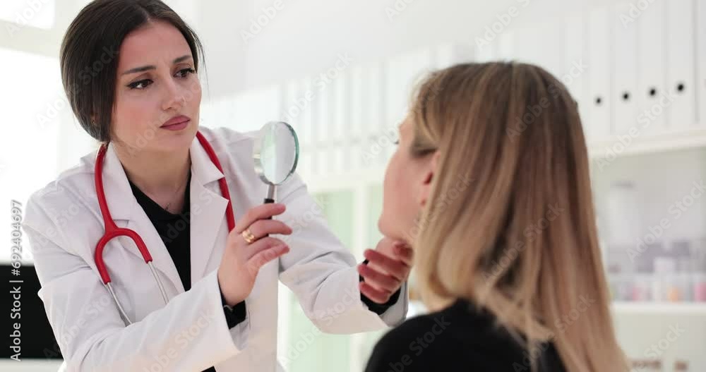 Dermatologist or ophthalmologist examines patient face or eyes using magnifying glass Dermatologist or ophthalmologist examines patient face or eyes using magnifying glass