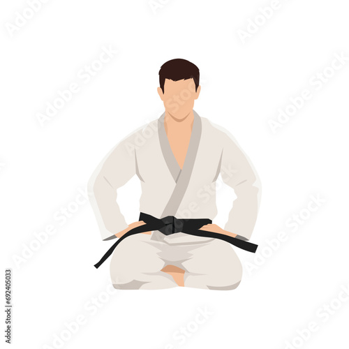 Black Belt karate man sit on a position to start or finish practicing. Flat vector illustration isolated on white background