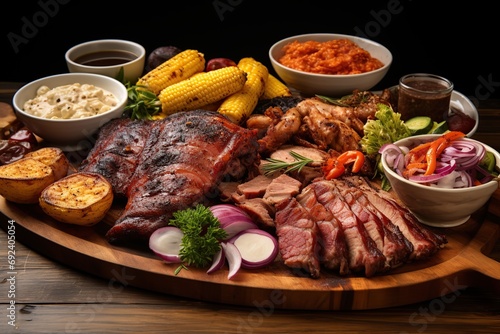 BBQ marinated meat with vegetables on wooden table
