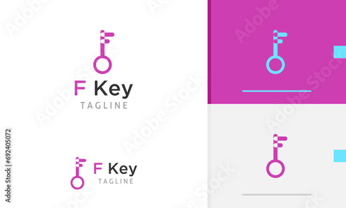 Logo design icon of geometric secure locked door key with letter f alphabet initial security protect