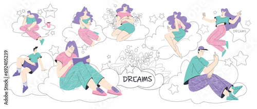 Dreaming People Characters with Their Head in Clouds Having Fancy Imagination Vector Illustration