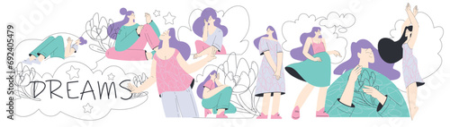 Dreaming Woman Character with Head in Clouds Having Fancy Imagination Vector Illustration