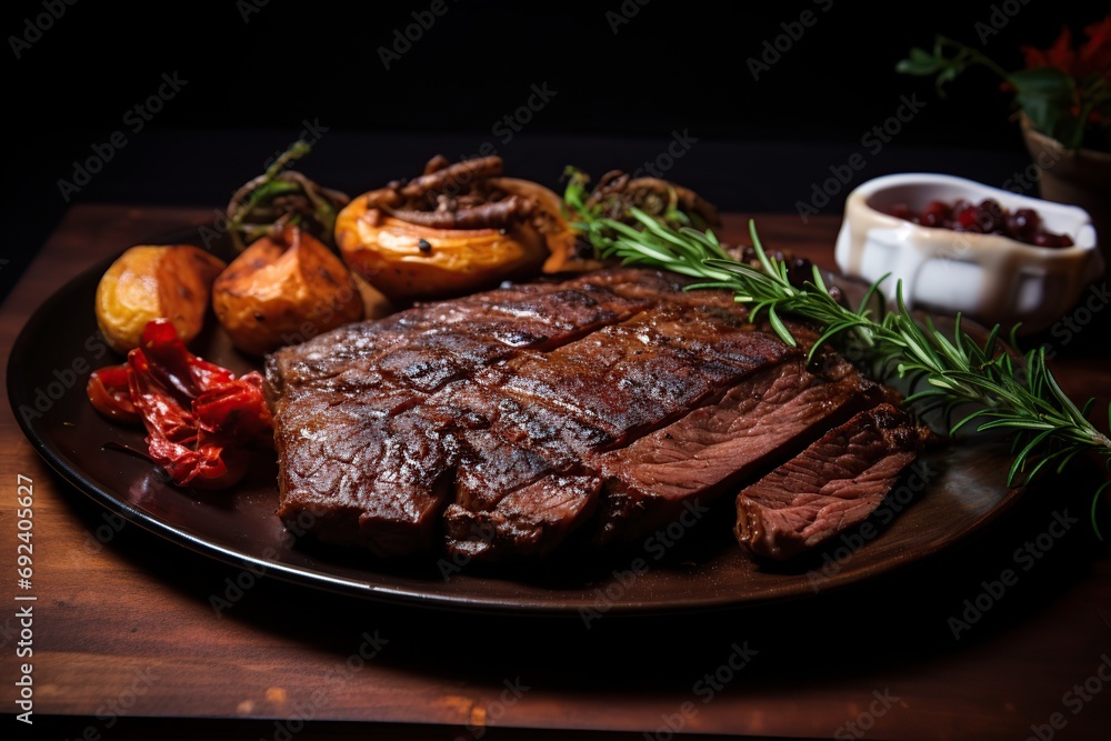 BBQ meat with vegetables on wooden table