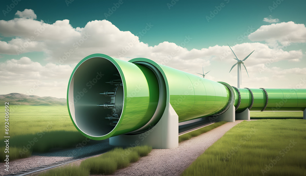 A hydrogen pipeline with wind turbines and in the background. Green hydrogen production concept. Generative AI A hydrogen pipeline with wind turbines and in the background. Green hydrogen production concept. Generative AI