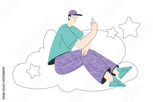 Dreaming Man Character Sitting on Cloud Having Fancy Imagination Vector Illustration