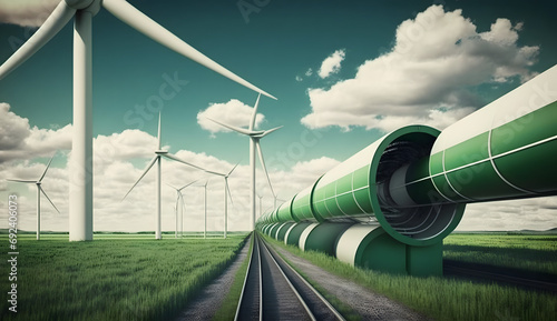 A hydrogen pipeline with wind turbines and in the background. Green hydrogen production concept. Generative AI photo